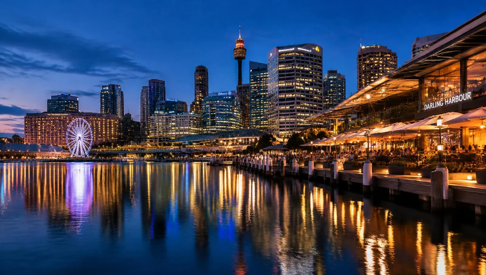 Darling Harbour waterfront at dusk